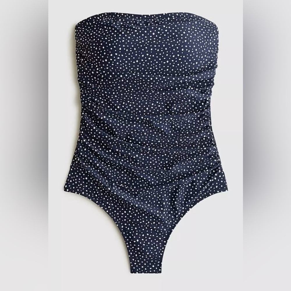 J. Crew Ruched Bandeau One-Piece Halter Swimsuit in Navy Polka Dot Size 24